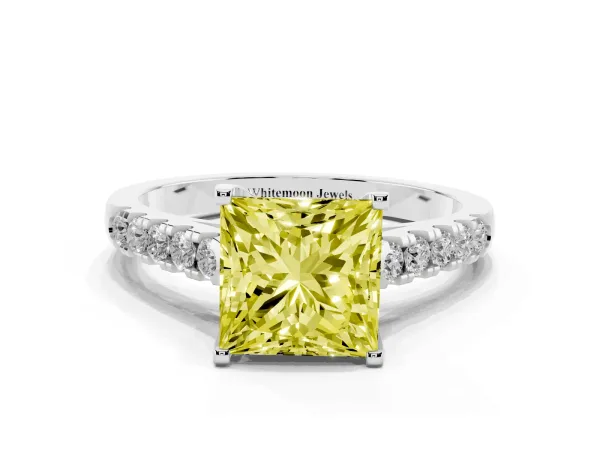 Fancy Yellow Princess Cut Diamond Pavé Band Solitaire Ring with Prong Setting White gold