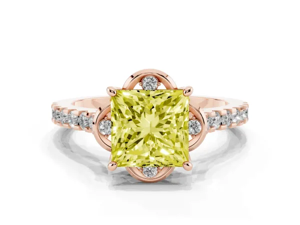 Fancy Yellow Princess Cut Diamond Ring with Pavé Band and Floral Prong Setting Rose gold