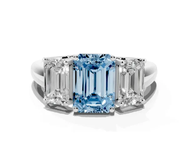 Fancy Blue Three-Stone Emerald Cut Diamond Engagement Ring with Prong Setting White gold