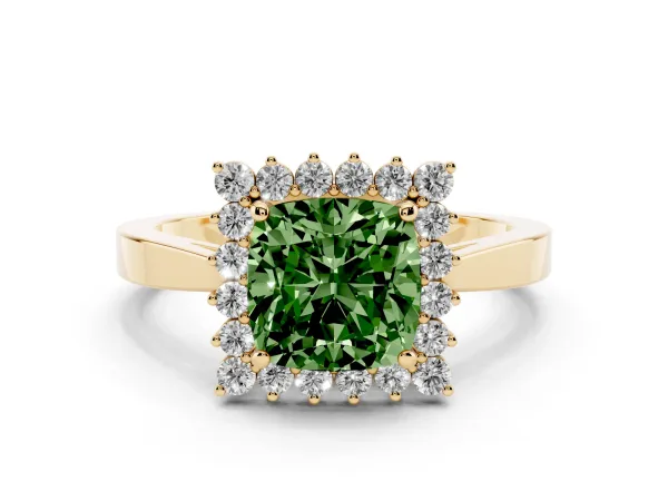 Fancy Green Cushion Cut Cut Diamond Halo Ring with Round Brilliant Halo and Solitaire Band Yellow gold