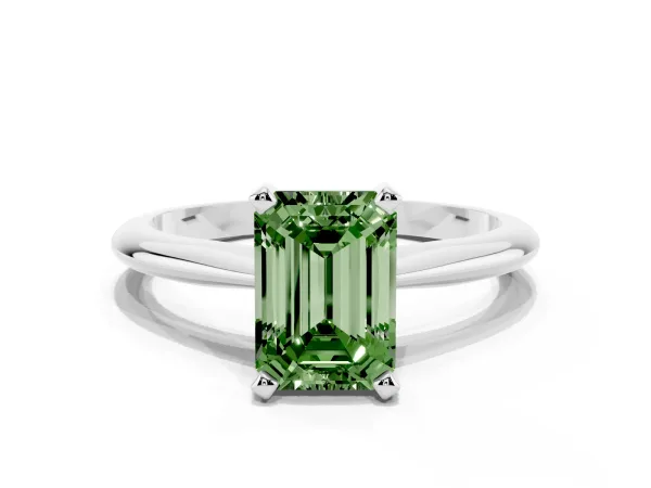 Fancy Green Emerald Cut Cut Solitaire Ring with Four-Prong Setting on a Classic Band White gold