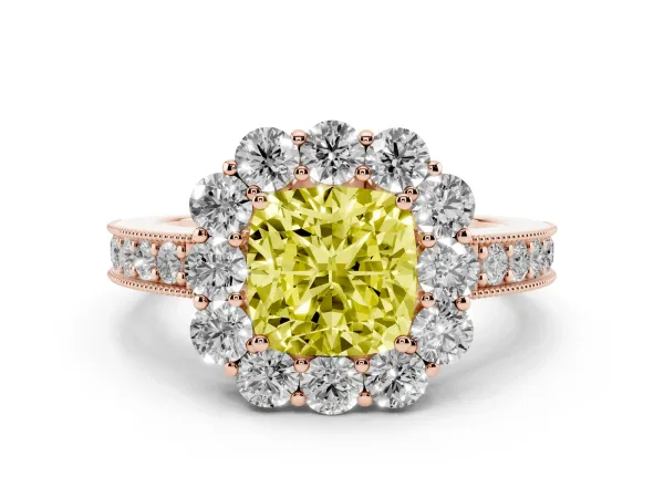 Fancy Yellow Cushion Cut Cut Halo Diamond Pavé Engagement Ring with Milgrain Detailing Rose gold