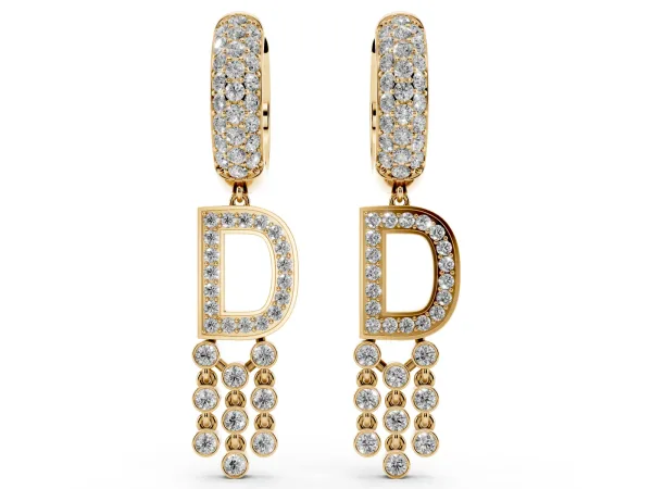 Round Diamond Initial D Huggie Hoop Earrings Yellow gold