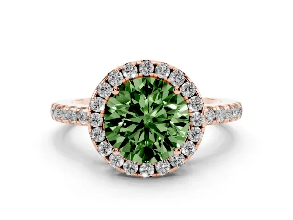Fancy Green Round Cut Halo Diamond Engagement Ring with Pavé Band and Four-Prong Setting Rose gold