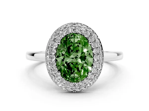 Fancy Green Oval Cut Halo Diamond Engagement Ring with Solitaire Band and Four-Prong Setting White gold
