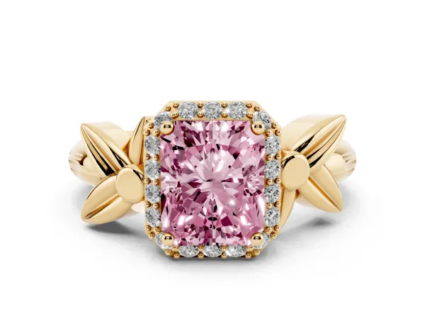 Fancy Pink Radiant Cut Halo Diamond Floral Band with Four-Prong Setting Yellow gold