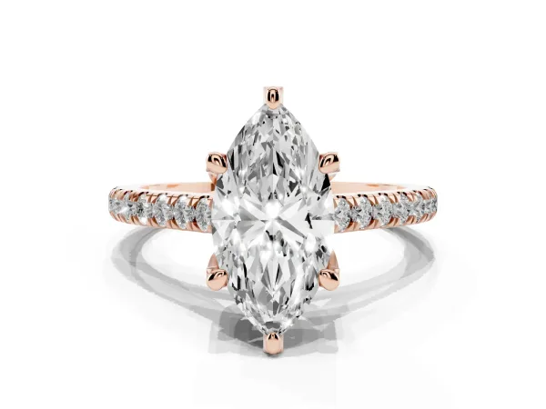 Marquise Cut Brilliant Diamond Solitaire with Pavé Band and Four-Prong Setting Rose gold