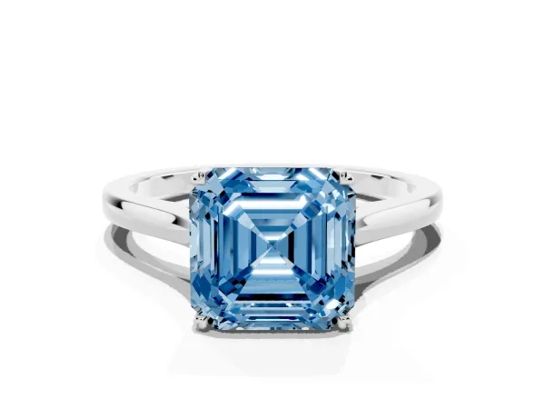 Fancy Blue Asscher Cut Solitaire Heart Prong Engagement Ring with Tapered Band Platinum