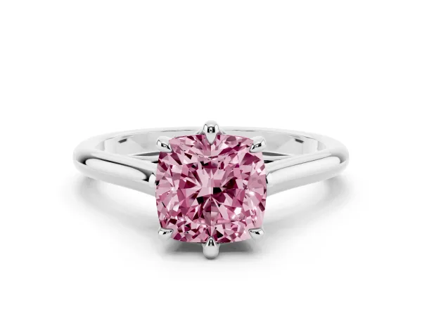Fancy Pink Cushion Cut Solitaire Engagement Ring with Six-Prong Setting and Classic Band Platinum