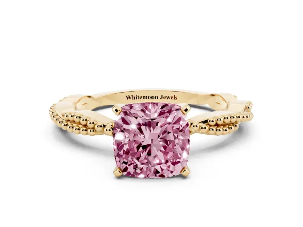 Fancy Pink Cushion Cut Solitaire Twisted Band with Bead Prong Setting Yellow gold