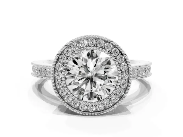 Round Cut Cut Halo Diamond Ring with Pavé Band and Milgrain Prong Setting White gold