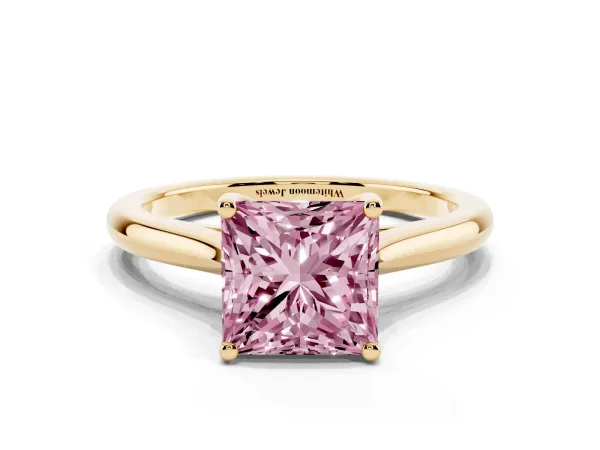 Fancy Pink Princess Cut Cut Solitaire Ring with Cathedral Band and Four-Prong Setting Yellow gold