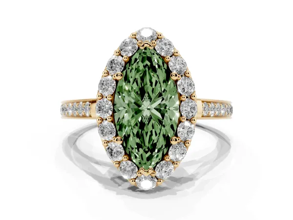 Fancy Green Marquise Cut Diamond Floral Halo Ring with Pavé Band and Prong Setting Yellow gold