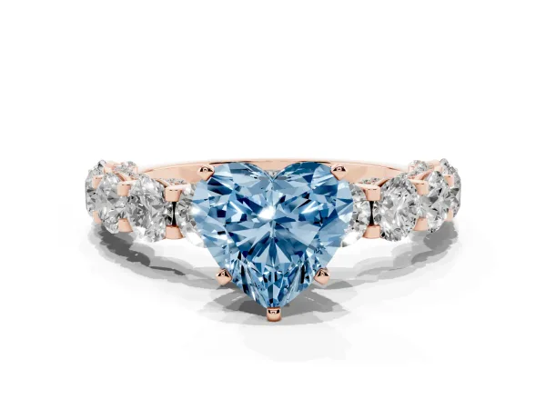 Fancy Blue Heart Cut Diamond Side Stone Engagement Ring with Four-Prong Setting Rose gold