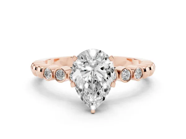 Pear Cut Solitaire Bezel Accent Diamond Engagement Ring with Beaded Band and Four-Prong Setting Rose gold