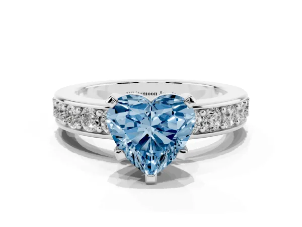 Fancy Blue Heart Cut Diamond Engagement Ring with Channel Set Round Band and Prong Setting White gold