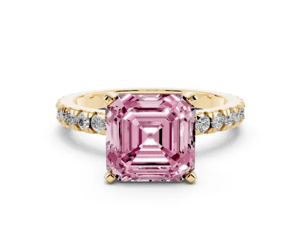 Fancy Pink Asscher Cut Diamond Pavé Band Solitaire with Four-Prong Setting Yellow gold