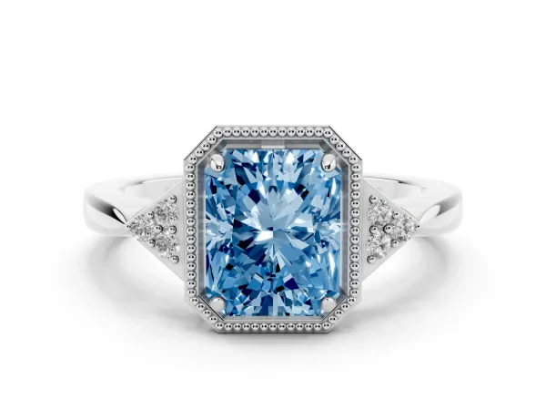 Fancy Blue Hexagonal Halo Radiant Cut Diamond Solitaire with Pavé Band and Four-Prong Setting Platinum