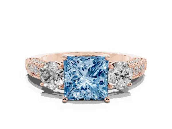 Fancy Blue Princess Cut Three-Stone Diamond Ring with Pavé Band and Four-Prong Setting Rose gold