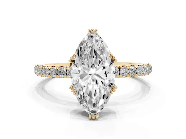 Marquise Cut Brilliant Solitaire with Pavé Band and Claw Prong Setting Yellow gold