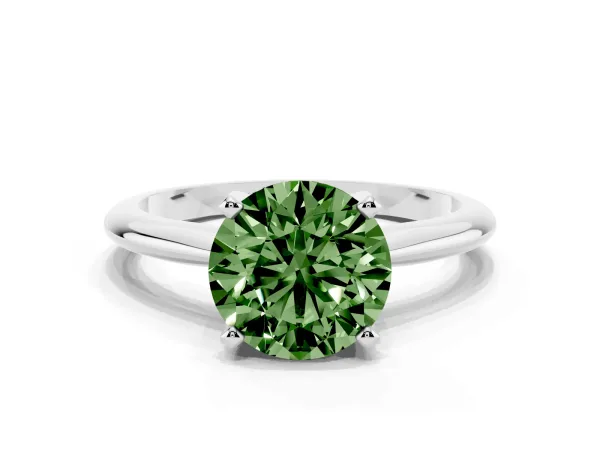 Fancy Green Round Cut Cut Solitaire Ring with Four-Prong Setting on a Classic Band Platinum