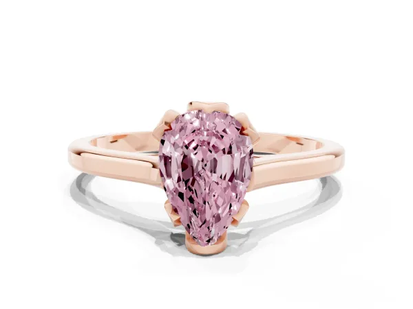 Fancy Pink Pear Cut Diamond Solitaire Ring with Flower Prong Setting and Classic Band Rose gold