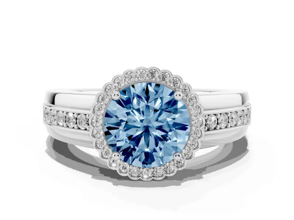 Fancy Blue Round Cut Cut Halo Pave Band Four-Prong Ring Platinum