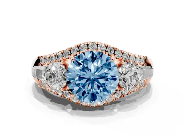 Fancy Blue Three-Stone Round Cut Diamond Engagement Ring with Pave Band and Prong Setting Rose gold