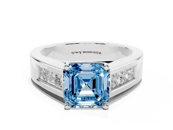Fancy Blue Asscher Cut Cut Channel Set Solitaire Ring with Four-Prong Setting Platinum