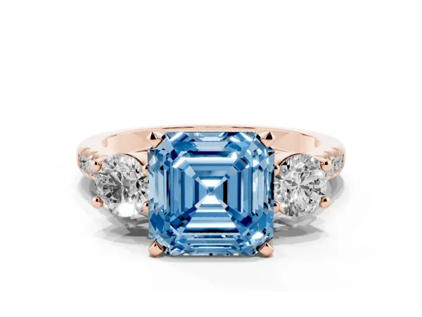 Fancy Blue Three-Stone Asscher Cut Diamond Pavé Band with Four-Prong Setting Rose gold