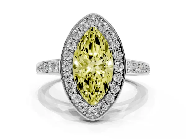 Fancy Yellow Marquise Cut Halo Pavé Diamond Engagement Ring with Bezel Setting Platinum