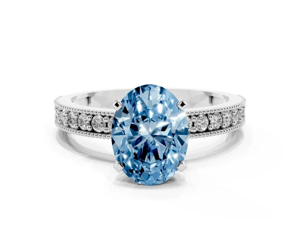 Fancy Blue Oval Cut Diamond Milgrain Pavé Engagement Ring with Four-Prong Setting Platinum
