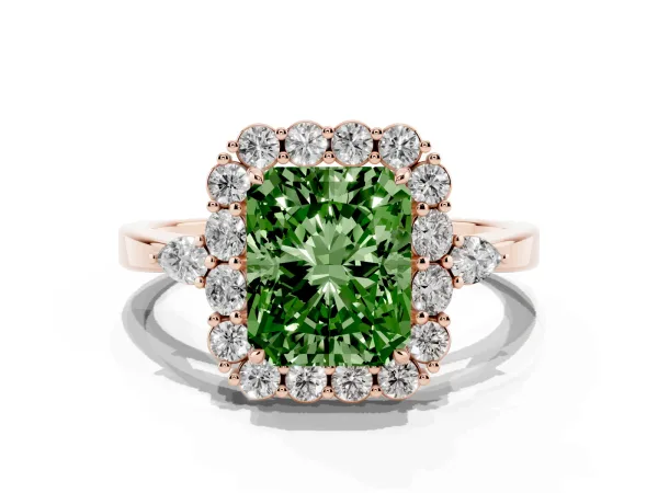 Fancy Green Radiant Cut Diamond Halo Ring with Pear Side Stones and Prong Setting Rose gold