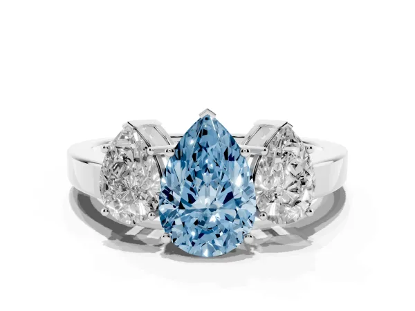 Fancy Blue Three-Stone Pear Cut Cut Diamond Engagement Ring with Flat Band and Four-Prong Setting Platinum