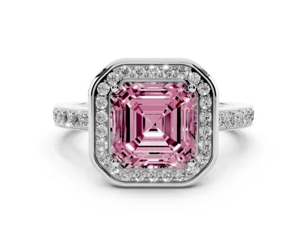 Fancy Pink Asscher Cut Diamond Halo Ring with Bezel Frame and Pavé Band White gold