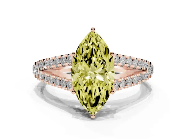 Fancy Yellow Marquise Cut Diamond Split Shank Pavé Engagement Ring with Four-Prong Setting Rose gold