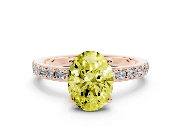 Fancy Yellow Oval Cut Cut Diamond Solitaire with Pave Band and Four-Prong Setting Rose gold