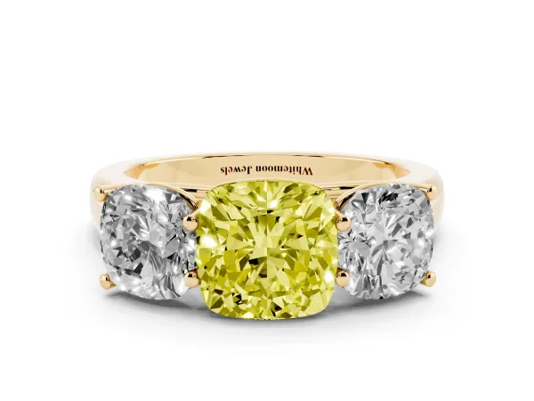 Fancy Yellow Cushion Cut Three-Stone Diamond Ring with Prong Setting on a Classic Band Yellow gold