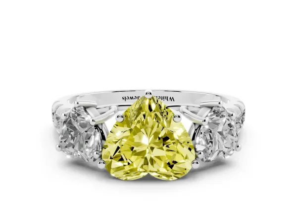 Fancy Yellow Three-Stone Heart Cut Diamond Pavé Band with Prong Setting Platinum