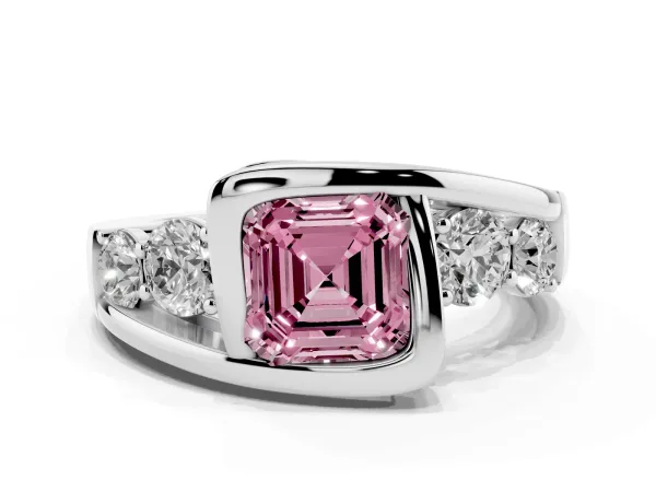 Fancy Pink Bezel Set Asscher Cut Diamond Bypass Ring with Round Accents Platinum