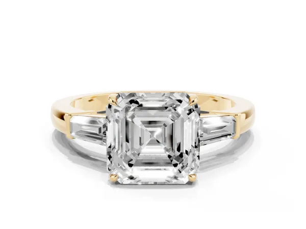 Asscher Cut Diamond Three-Stone Ring with Tapered Baguette Side Stones and Prong Setting Yellow gold
