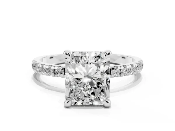 Radiant Cut Diamond Brilliant Solitaire Ring with Pavé Band and Four-Prong Setting White gold