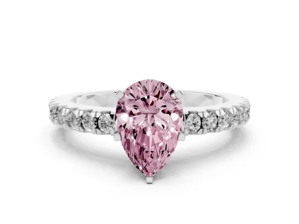 Fancy Pink Pear Cut Solitaire Diamond with Pavé Band and Four-Prong Setting White gold