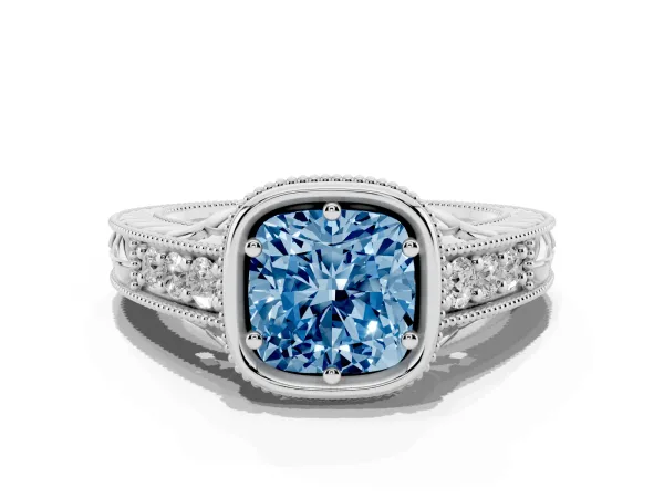 Fancy Blue Bezel Set Cushion Cut Diamond Milgrain Pave Engagement Ring Platinum