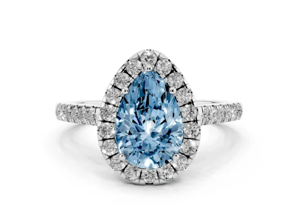 Fancy Blue Pear Cut Halo Pave Diamond Engagement Ring with Four-Prong Setting Platinum