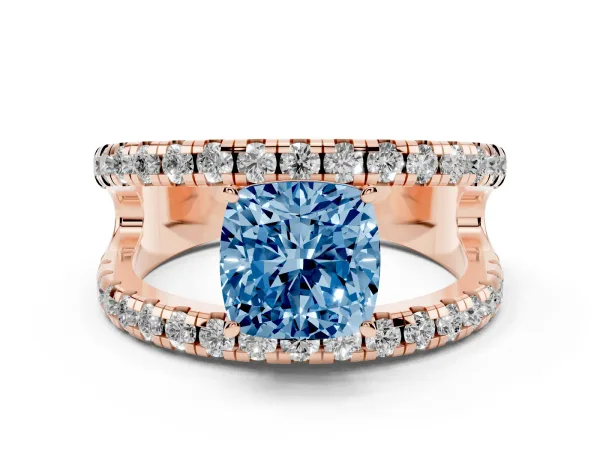 Fancy Blue Cushion Cut Solitaire Split Shank Pave Diamond Ring Rose gold