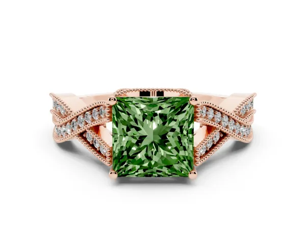 Fancy Green Princess Cut Cut Diamond Twisted Band with Milgrain Pave Setting and Four-Prong Setting Rose gold