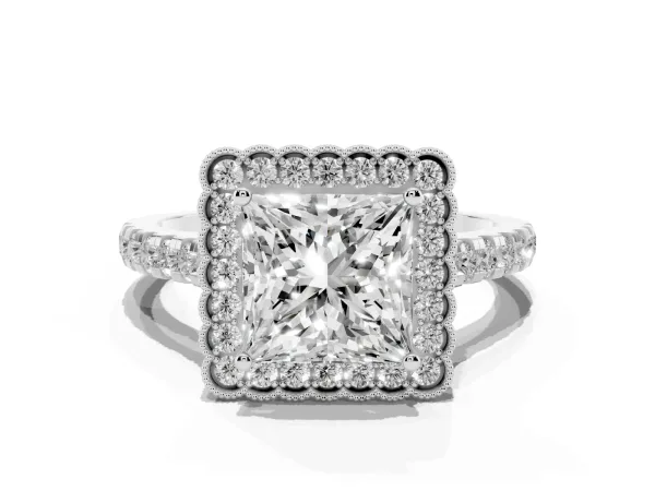 Princess Cut Cut Diamond Milgrain Floral Halo Engagement Ring with Pavé Band White gold