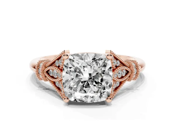 Cushion Cut Diamond Solitaire Ring with Floral Filigree and Pave Accents Rose gold