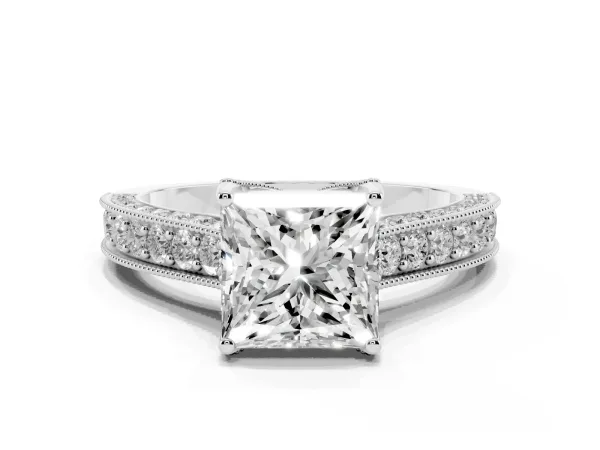 Princess Cut Cut Diamond Solitaire Ring with Milgrain Pave Band and Four Prong Setting White gold